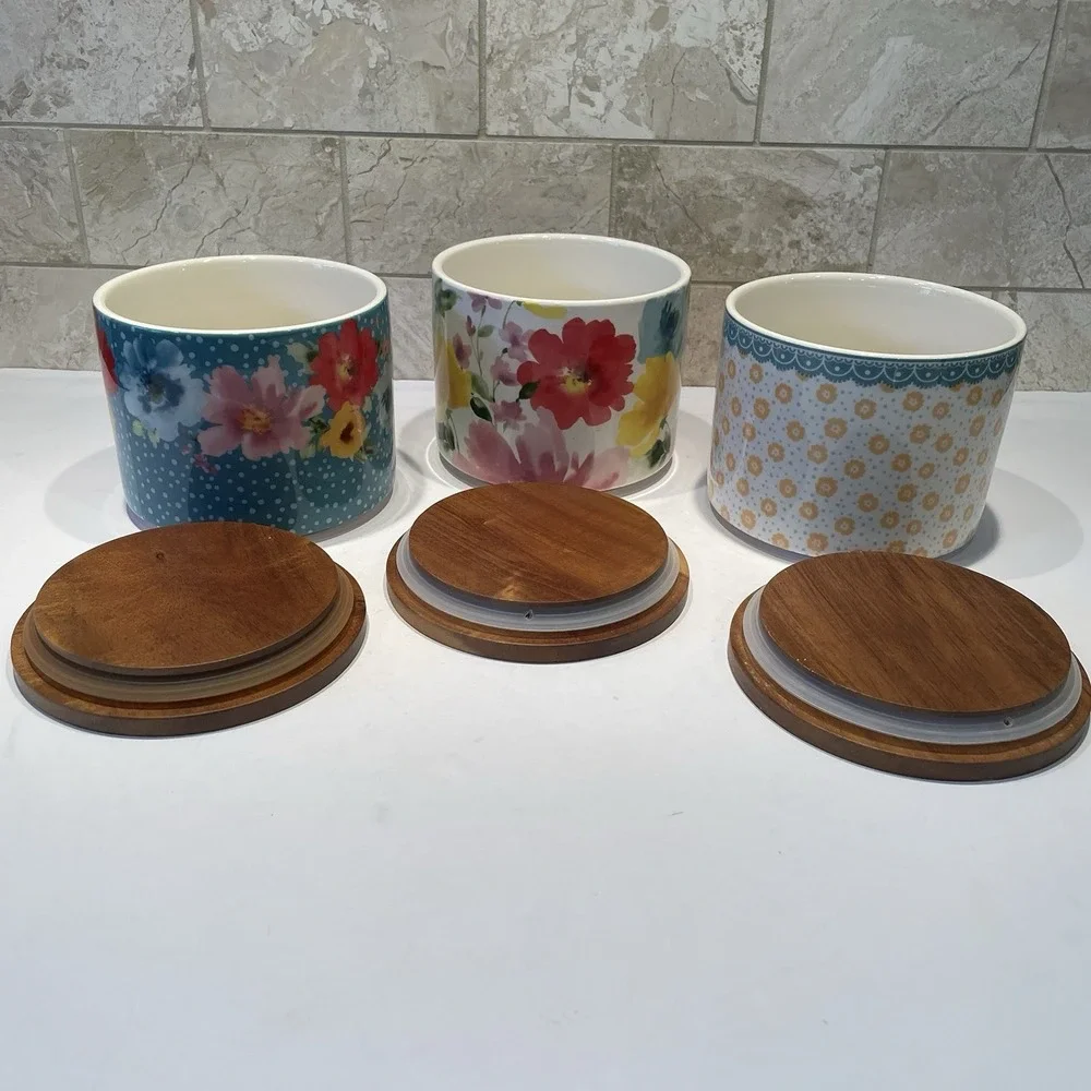 Pioneer Woman Stackable 3-Piece Stoneware China Canister Set Floral Medley EUC
